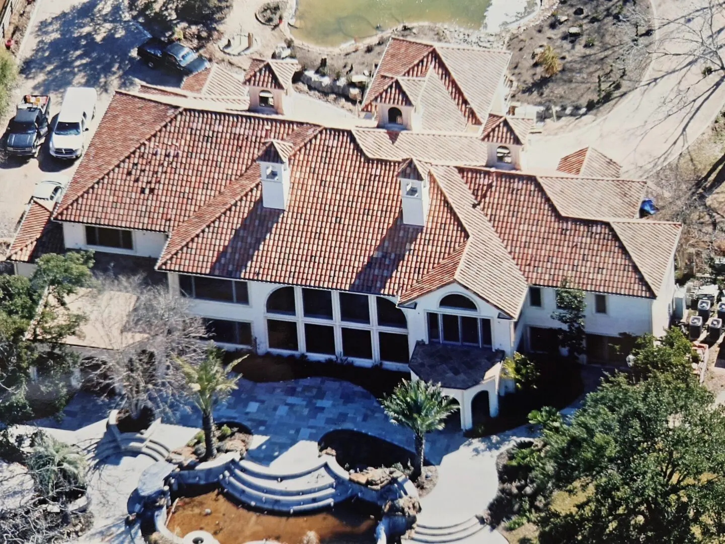 Aerial view of Mediterranean house with red roof