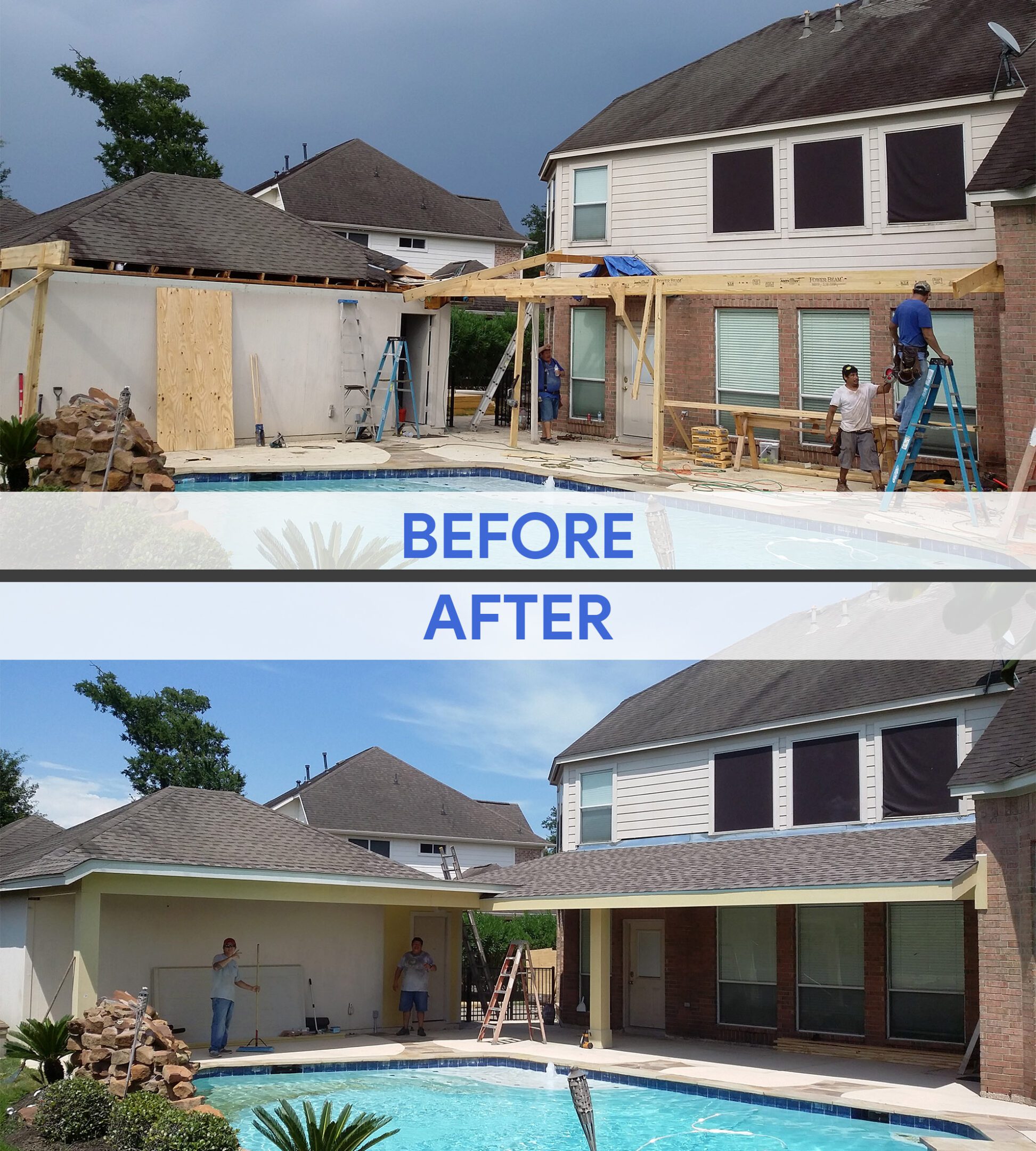 Construction progress by a pool