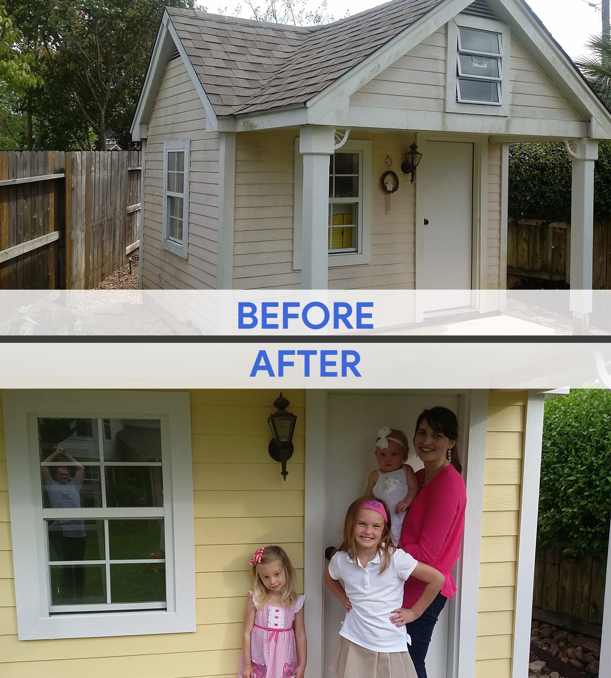Playhouse transformation with smiling family outside