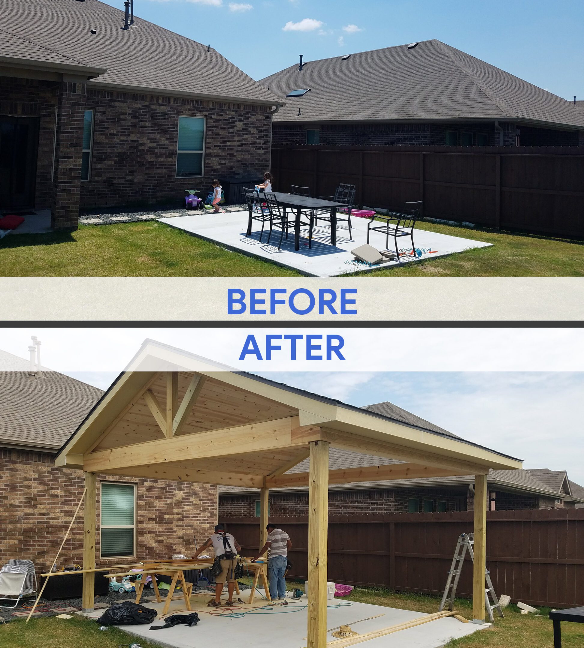 Backyard patio before and after renovation