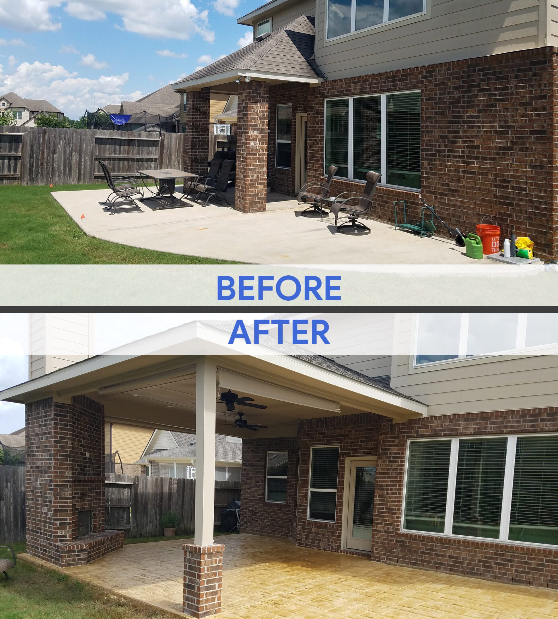 Upgraded patio with covered seating area